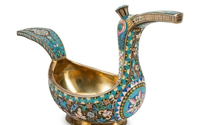 A Russian Silver and Enamel Bird-Form Kovsh Height 6