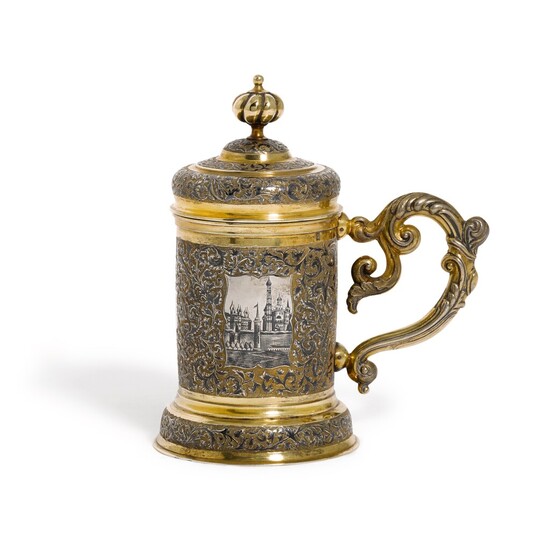 A Russian parcel-gilt silver and niello tankard, maker's mark unclear, Moscow, 1847
