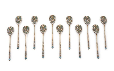 A Set of Twelve Russian Enameled Silver Coffee Spoons