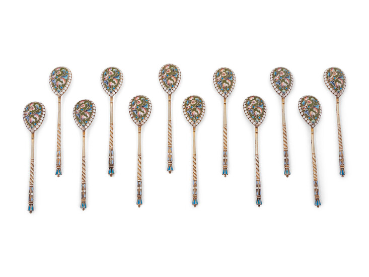 A Set of Twelve Russian Enameled Silver Coffee Spoons