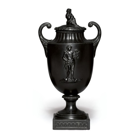 A WEDGWOOD AND BENTLEY BLACK BASALT PISTOL-HANDLED VASE AND COVER CIRCA 1770
