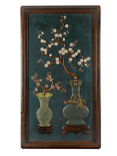 A ZITAN FRAMED JADE AND HARDSTONE MOUNTED LACQUER PANEL