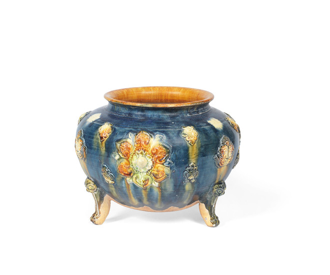 A blue and sancai-glazed pottery tripod incense burner