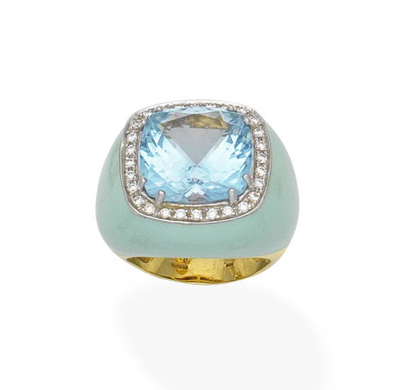 A blue topaz, diamond and enamel ring