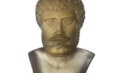 A citrine bust of a bearded gentleman, late 19th century, probably depicting Roman Emperor Hadrian, on socle base, approx. 5.9cm high