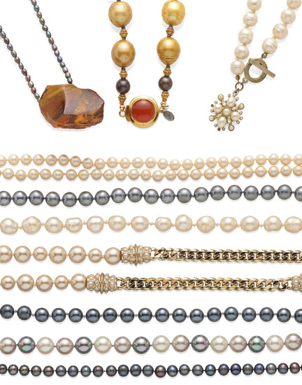 A collection of cultured pearl, faux pearl and colored pearl necklaces