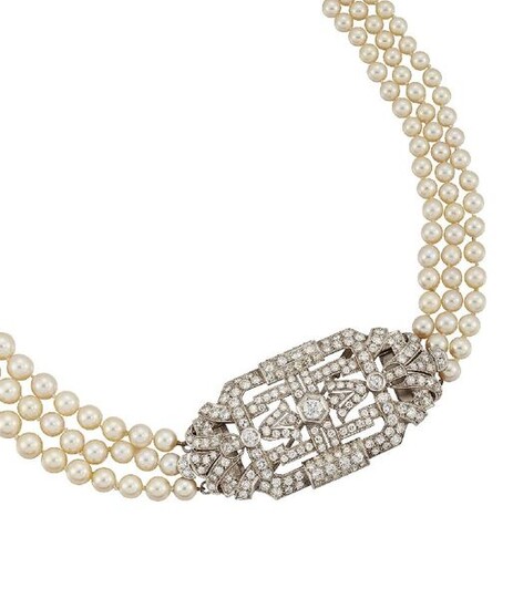 A cultured pearl and diamond necklace, the triple-row...
