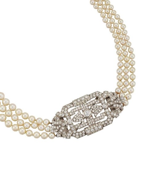 A cultured pearl and diamond necklace, the...