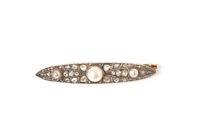 A gold and silver brooch with cultured pearl and rose cut diamonds.