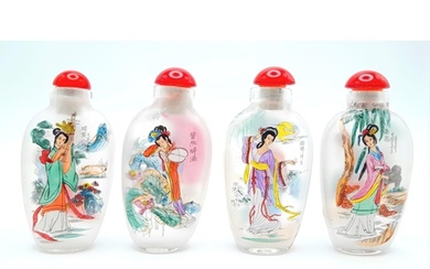 A group of four Peking glass snuff bottles with exquisite mi...
