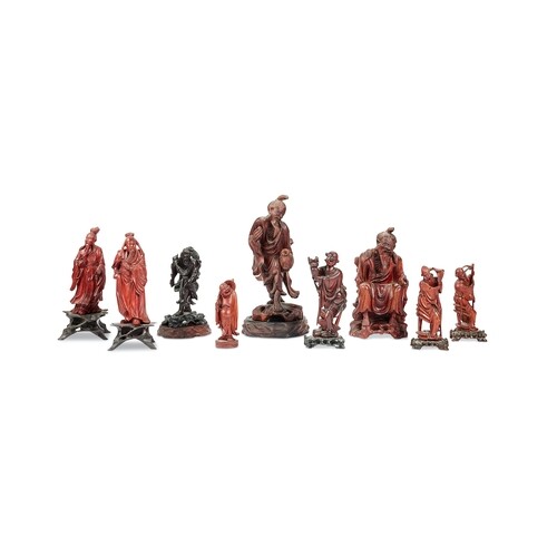 A group of thirteen Japanese boxwood figures The tallest, a ...