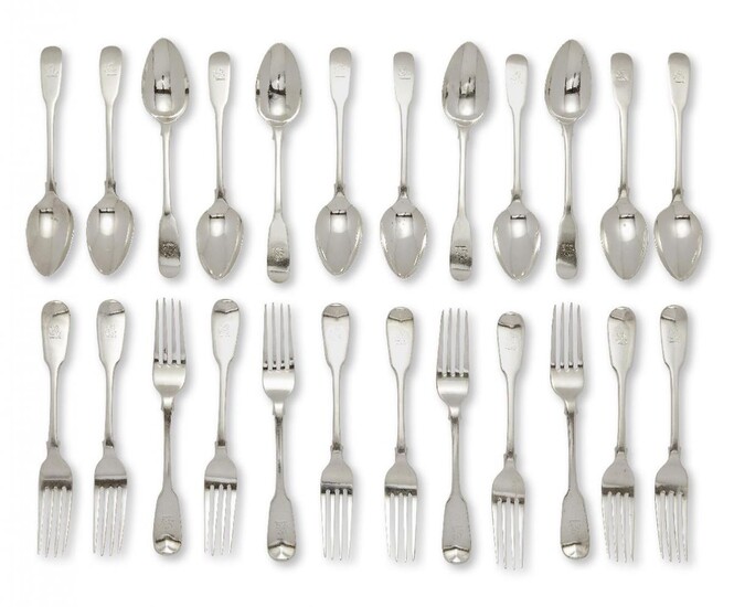 A harlequin set of twelve each dessert spoons and dessert forks, Newcastle, the forks c.1854, Reid & Sons, the spoons with rubbed marks, possibly Dorothy Langlands, of fiddle pattern design, with similar lion crests to terminals, total weight...
