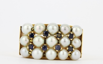 A heavy yellow metal (tested minimum 9ct gold) pearl and sapphire set ring, (P).