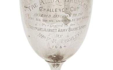 A large George V silver trophy cup, Chester, c.1920, Jones & Crompton, engraved ‘The Hilda Bromley Challenge Cup’ for the ‘Newport Market Army Bands School’, 29.8cm high, approx. weight 16.9oz