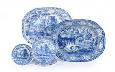 A large Staffordshire pearlware 'well and tree' meat dish printed in blue with cattle watering before a castle