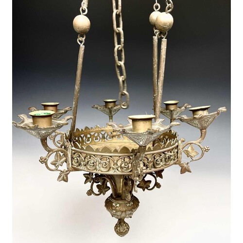 A late 19th/early 20th century brass hanging six branch chan...