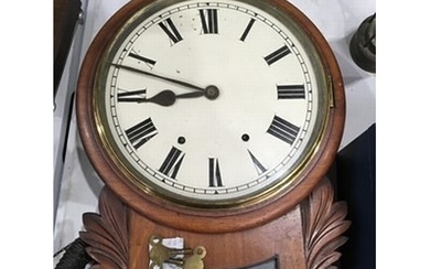 A mahogany cased drop dial wall clock, circular enamelled di...
