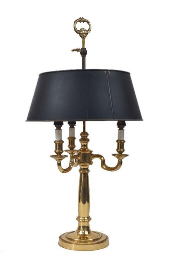 A modern brass three-light bouillotte lamp, the tapering shaft supporting scroll branches, 39cm high It is the buyer's responsibility to ensure that electrical items are professionally rewired for use.