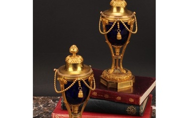 A pair of 19th century French ormolu and blue glass cassolet...