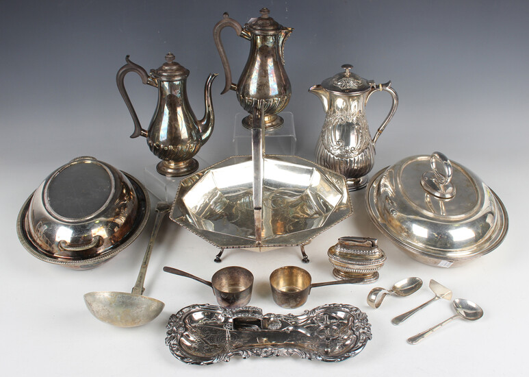A pair of 19th century Sheffield plate candlesnuffers and tray and a group of other plated items, in