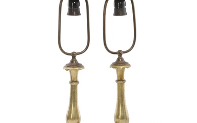 A pair of 19th century brass candlesticks, tulip-shaped stem on square base...
