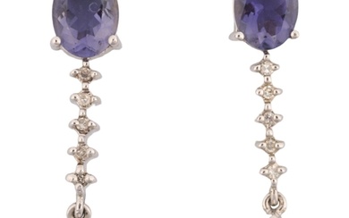 A pair of 9ct white gold tanzanite and diamond drop earrings...