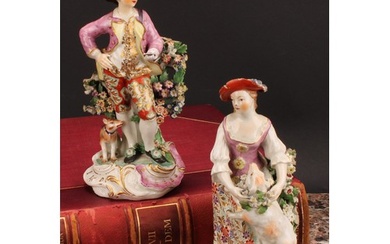 A pair of Derby figures, The Garland Shepherds, he wearing a...