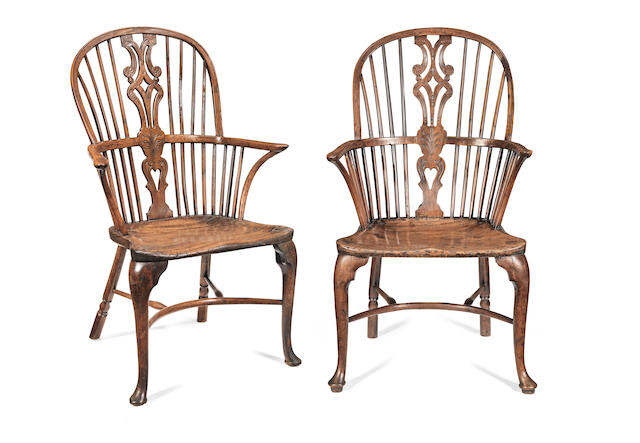 A pair of George III yew-wood high-back Windsor armchairs, Thames Valley, circa 1780