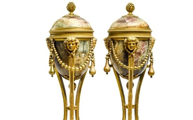 A pair of Louis XVI style gilt-bronze mounted fluorspar cassolettes, signed by Théodore Millet, late 19th century