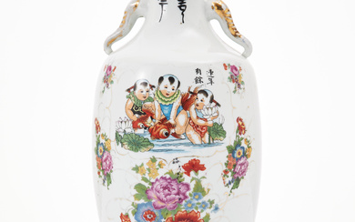 A porcelain vase, China, mid 20th century, with hangers, polychrome decor, calligraphy, seal mark.