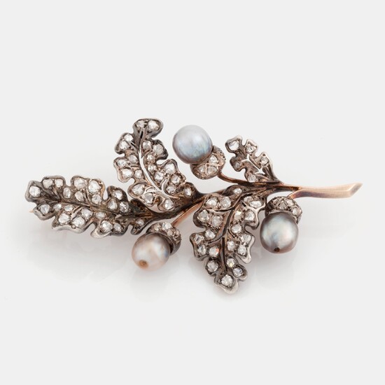 A silver and gold brooch set with pearls and rose-cut diamonds