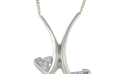 A triangular-shape diamond pendant, on an integral 18ct gold chain.