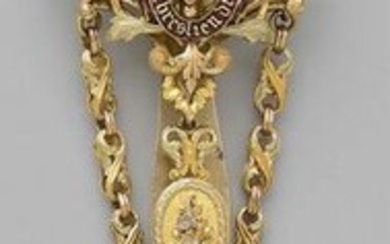 A yellow gold castelaine, adorned with enamelled coats...