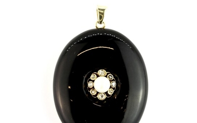 A yellow metal (tested yellow gold) mourning pendant set with onyx, old cut diamonds and a pearl, with empty portrait or hair compartment at