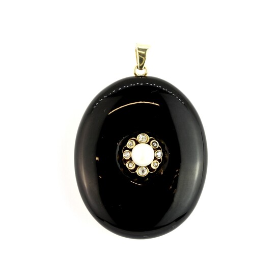 A yellow metal (tested yellow gold) mourning pendant set with onyx, old cut diamonds and a pearl, with empty portrait or hair compartment at