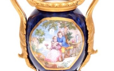 AN 18TH CENTURY FRENCH ORMOLU MOUNTED SEVRES PORCELAIN URN decorated...