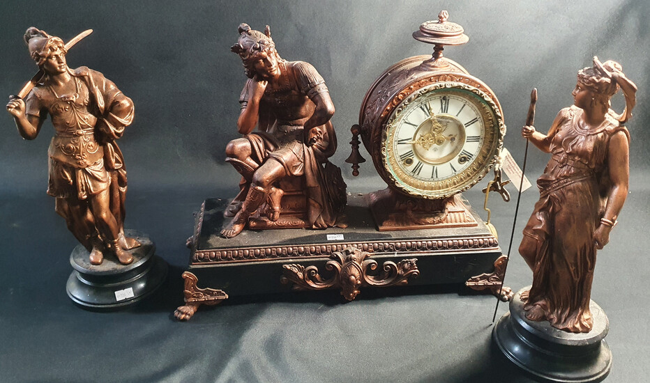 AN ANSONIA SPELTER CLOCK GARNITURE the timepiece with open escapement