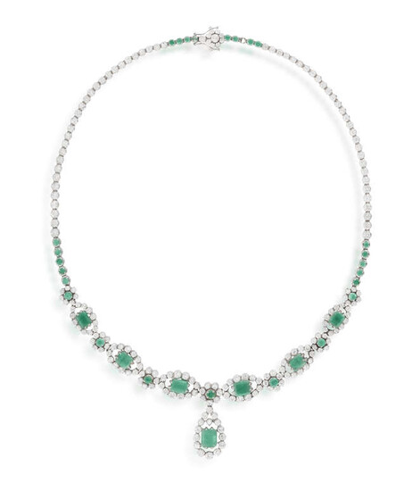 AN EMERALD AND DIAMOND NECKLACE Composed of rectangular...