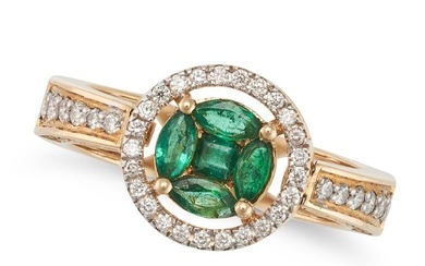AN EMERALD AND DIAMOND RING / PENDANT set with a cluster of variously cut emeralds in a halo of