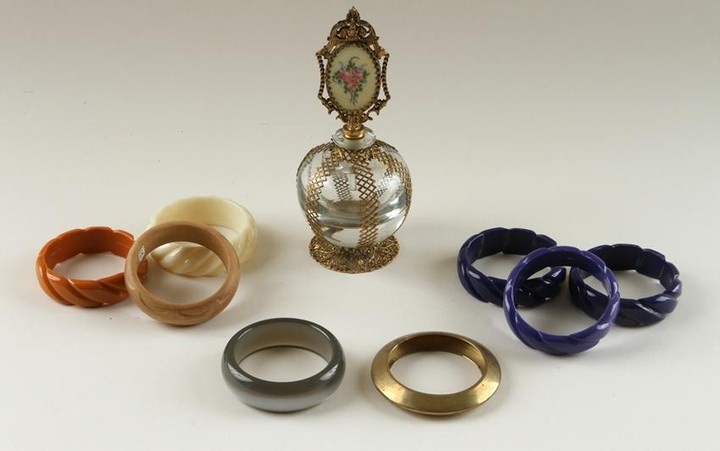 ANTIQUE FRENCH PERFUME BOTTLE AND EIGHT BRACELETS