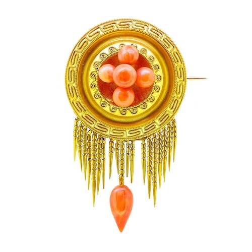 ANTIQUE VICTORIAN CORAL DROP BROOCH, set to the center with ...