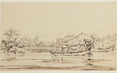 AUGUSTE BORGET (ISSOUDUN 1808-1877 BOURGES), Joncque sur un fleuve conduite par des chinois