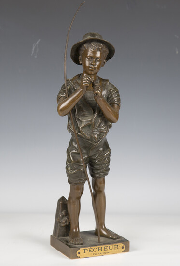 Adolphe Jean Lavergne - a late 19th century French brown patinated cast bronze figure of a fisher bo