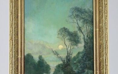 Adrien SCHULZ (1851-1931). Paysage de rivière sous la lune. Huile sur panneau. Signature difficilement lisible...
