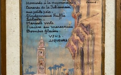 Alexis Louis DE BROCA (1868-1948) Marrakech, 1936. Aquarelle et gouache formant projet de menu pour...
