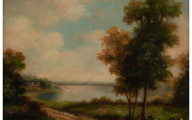 American School (20th Century), English landscape with a country lane by a lake