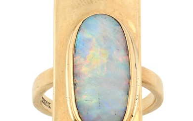 An Opal Ring the yellow plain polished rectangular plaque overlaid...