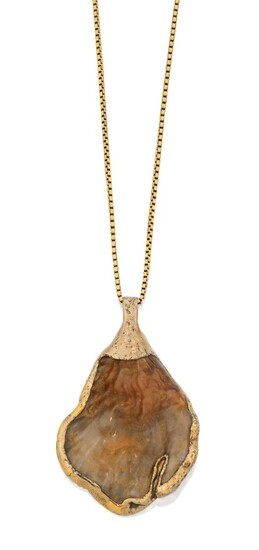 An abstract pearlescent shell pendant and chain, pendant length approx. 6cm, chain length approx. 76cm