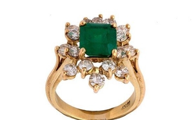 An emerald and diamond ring, cluster design, centring on a step-cut emerald framed by brilliant-cut diamonds, ring size L