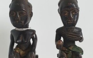 Ancestor statue (2) - Cloth, Wood - baoulé- Baoulé - Côte d'Ivoire
